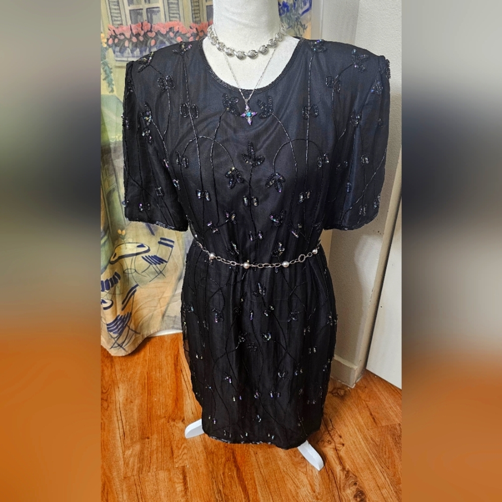 Chic Black Beaded Midi Dress